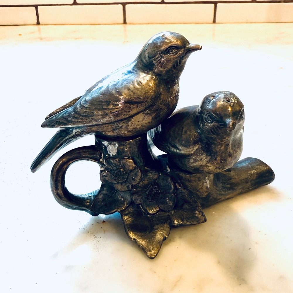 Vintage Silver Plated Bird Salt Pepper Shakers Figural Bird Branch Table Decor